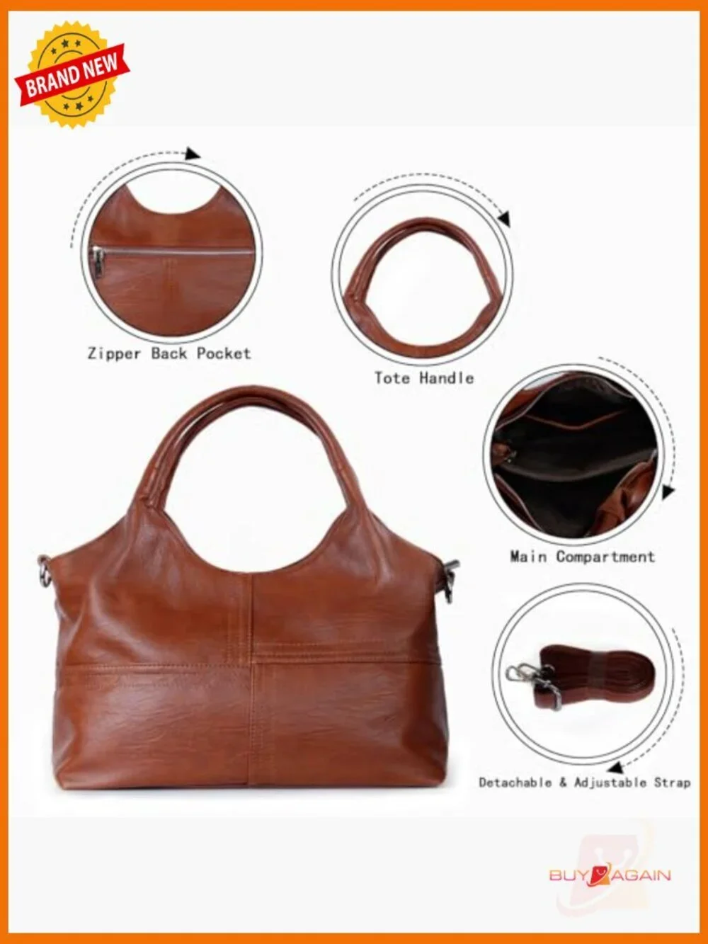 Vegan Leather Tote Hobo Handbag with Detachable Strap